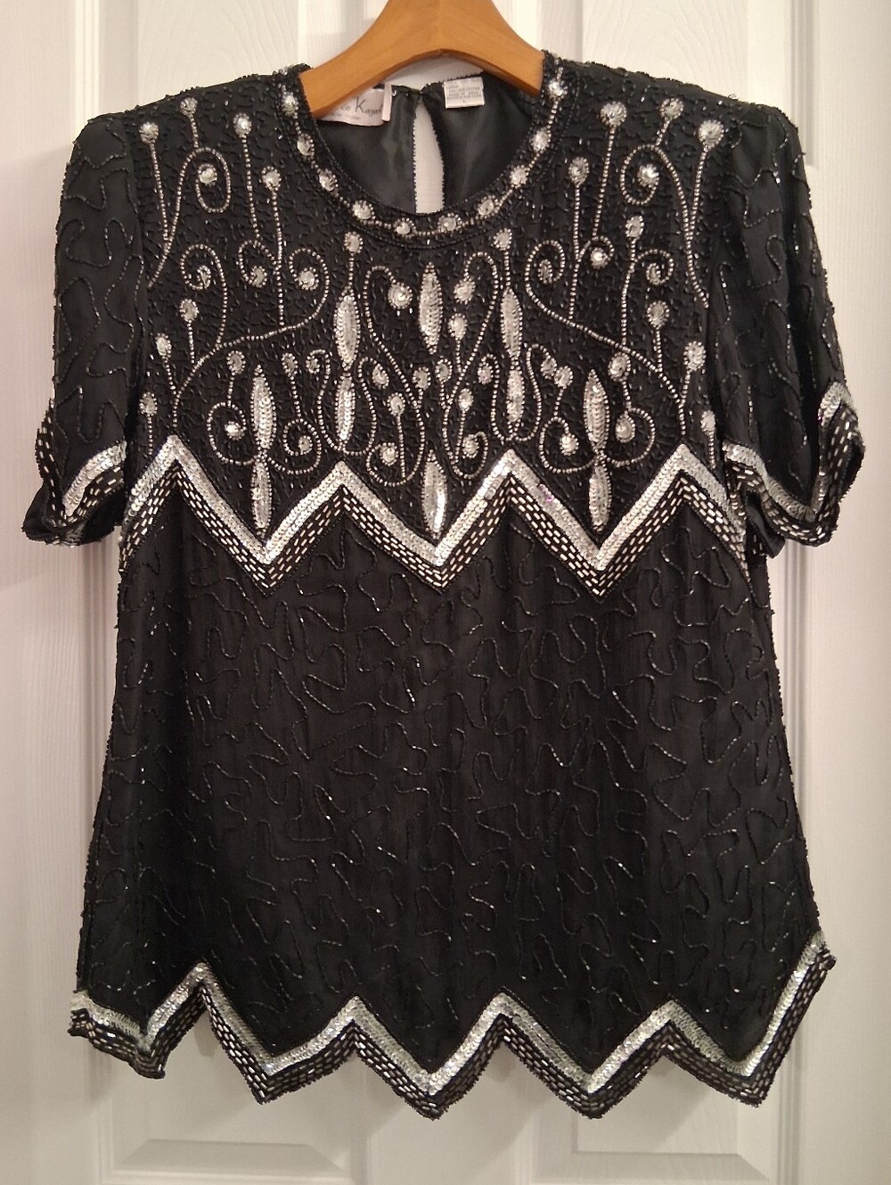 Vintage Black Silk Beaded Blouse Large